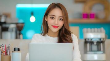Portrait of a young professional woman working on her laptop in a comfortable and inviting cafe setting photo
