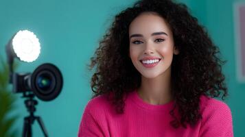 Smiling young woman with curly hair recording a for a social media platform working as an influencer or content creator photo