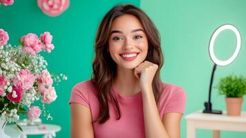 Smiling young woman recording a for social media with professional equipment and floral decor in the background photo