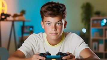 Portrait of a focused teenage boy intently playing games in a dimly lit room with neon lighting accents photo