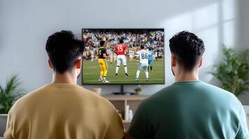Two friends sitting on a couch and intently watching a football game on a large screen television in a living room setting photo