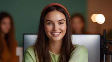 Young smiling woman recording content for her social media influencer channel in a professional studio setting photo