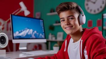 Portrait of a smiling teenage student studying online on a computer while sitting at a desk in their home environment wearing headphones and looking focused on their work photo