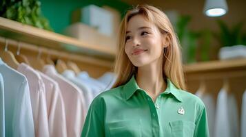 Young woman likely a personal shopper smiling as she helps a client browse and select clothing items in a well designed retail environment photo