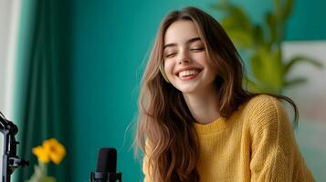 Young woman with long brown hair smiling and recording a podcast in her cozy home studio surrounded by modern decor and a lush plant photo
