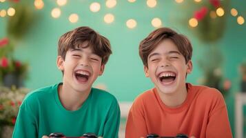 Two happy teenage siblings laughing joyfully as they enjoy playing games together in a festive indoor setting photo
