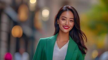 Stylishly dressed woman with a confident cheerful expression strolling through a vibrant urban setting photo