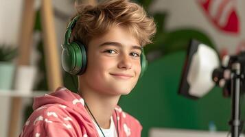 Young man with headphones smiling while streaming live game content from his personal bedroom studio setup photo