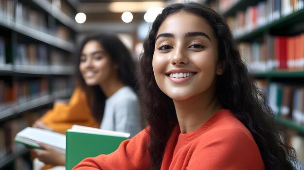 Two young students working collaboratively in a library concentrating on their studies and supporting each other s academic pursuits photo