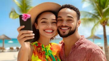 Two smiling people capture a happy moment together while on a relaxing beach getaway surrounded by palm trees and a vibrant scenic setting photo