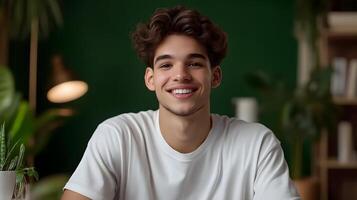 Smiling young man in a casual setting discussing a new startup idea with enthusiasm and confidence photo
