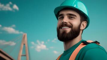 Smiling structural engineer wearing a safety hardhat and vest inspecting the integrity of a bridge construction project on a cloudy day photo