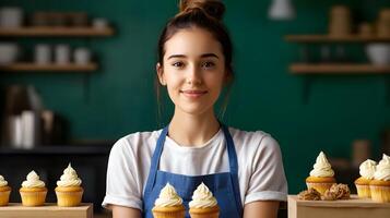 Young woman in a kitchen apron carefully baking a batch of freshly made cupcakes with a concentrated determined expression on her face photo