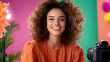 Vibrant and charismatic woman with lively curly hair smiling enthusiastically while wearing an eye catching orange dress against a colorful background photo