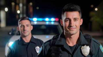 Two uniformed police officers standing together next to a patrol car with flashing lights on a dimly lit city street at night photo