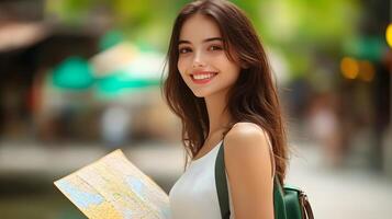 Young woman holding a map as she explores the streets and landmarks of a historic city with a backpack and a cheerful expression on her face photo