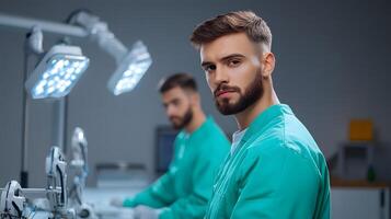Two engineers work intently on a robotics project surrounded by futuristic technology and equipment in a high tech workspace photo
