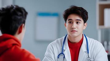 Young male doctor in medical uniform consulting with a patient in a hospital or clinic setting photo
