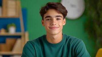 A friendly and confident young man smiling while posing in a clean organized workplace environment ready to provide guidance and support as an online tutor photo
