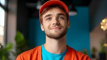 A friendly and confident young man dressed in a casual uniform smiling while posing in a modern office or technology workspace representing the role of an IT support technician photo