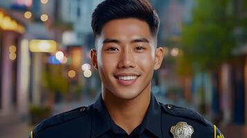 A confident and youthful police officer stands in an urban setting showcasing their uniform and badge as they smile at the their role in public service and protection photo