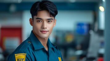 A focused and disciplined young security guard stands vigilantly in his uniform embodying the values of protection safety and professionalism in his workplace environment photo