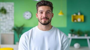 A confident and friendly young man in a casual white shirt posing in a modern green accented office setting suggesting his role as a sports coach or mentor photo