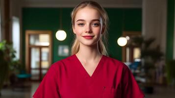 A confident and friendly young nurse posing in her workplace with a clear and inviting expression photo
