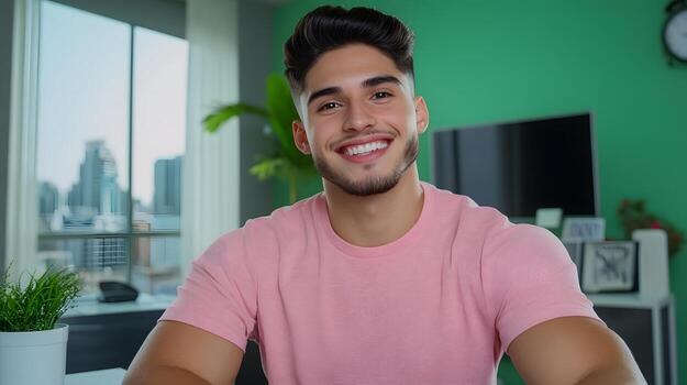 A confident and professional young man likely a credit analyst posing in a modern office environment with a cityscape visible through the window photo