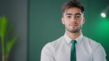 A confident young businessman in formal attire stands in a professional workplace setting exuding an air of leadership and determination as a project manager photo