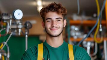 A confident young plumber in a green uniform stands in his workplace surrounded by tools and equipment ready to provide professional services and solutions photo