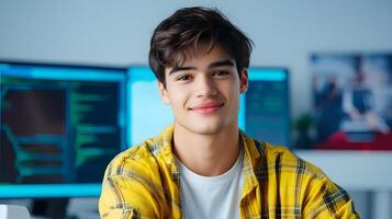 A confident and focused young professional posing in their cybersecurity focused workspace surrounded by technology and digital displays photo