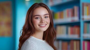 A cheerful and confident young woman with vibrant red hair stands in a library surrounded by bookshelves her warm smile and attentive expression suggesting her enthusiasm and expertise as a librarian photo