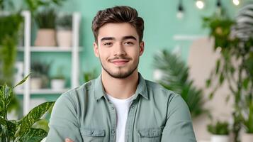 A confident and engaging young professional smiling and posing in a bright contemporary office environment exuding a sense of ambition and potential photo