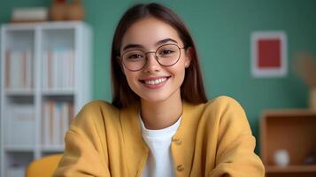 A cheerful and friendly young woman posing in a professional setting surrounded by bookshelves and suggesting her role as a helpful knowledgeable librarian in an educational or academic environment photo
