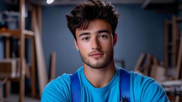 A confident and focused young male carpenter poses in his workshop surrounded by various woodworking tools and materials showcasing his professional skills and expertise photo
