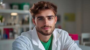 A serious looking young man in a white lab coat stands in a research laboratory his expression suggesting deep and intellectual engagement photo