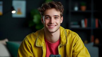 A portrait of a smiling young man dressed casually in a yellow jacket posing confidently in a comfortable technology focused workplace environment photo