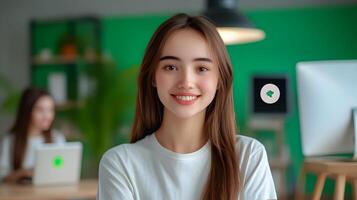 A portrait of a cheerful focused young woman posing in a modern green accented office workspace suggesting a career in design or technology photo