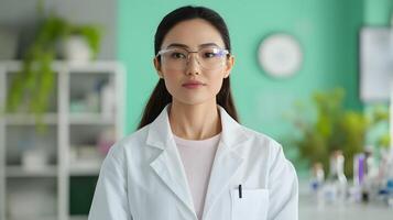 A focused and serious female scientist in a white lab coat conducting an experiment with scientific equipment in a well equipped laboratory setting photo