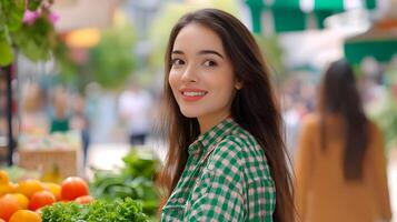 A cheerful young woman browsing and selecting fresh fruits and vegetables at a bustling outdoor market surrounded by stalls offering a variety of local seasonal produce photo