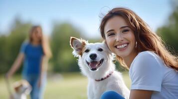 A cheerful woman enjoys a playful moment with her energetic dog in a serene park setting their bond and joy captured in a clear and focused image photo