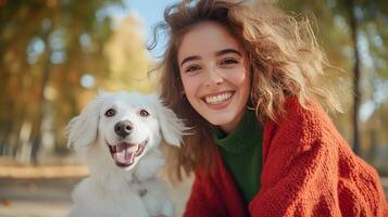 A cheerful woman embracing and playing with her loyal canine companion in an inviting autumnal park surrounded by vibrant foliage photo