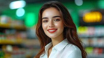 A positive and confident young woman dressed professionally smiling and posing in the aisle of a retail store or supermarket setting photo