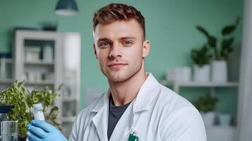 A portrait of a young professional forensic scientist posing confidently in their laboratory workspace surrounded by scientific equipment and suggesting a dedication to research and discovery photo