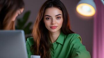 A confident and determined young woman working diligently on her laptop in a modern office setting demonstrating her entrepreneurial spirit and dedication to her career photo