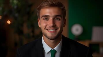 A confident and smiling young professional in a suit poses in an office setting embodying the role of a risk manager focused on success strategy and photo