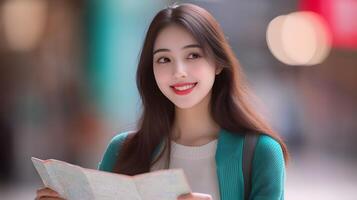 A young cheerful female traveler stands on a city street studying a map and planning her next adventure through the unfamiliar urban landscape photo