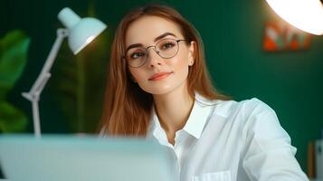 A confident and determined young woman working diligently on her laptop in a well lit office showcasing her entrepreneurial spirit and dedication to her career photo