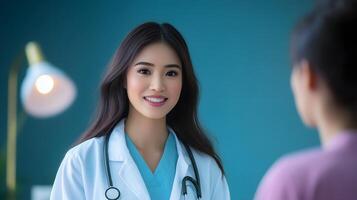 A friendly and approachable doctor having a compassionate consultation with a patient in a modern medical clinic setting photo